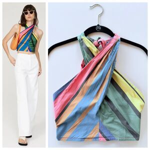 STAUD Formentera Stripe Kai Cropped Halter Top in Multicolor Stripe Size Small